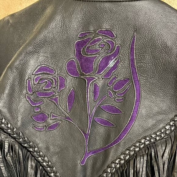 SHAF Leather Collections Black Fringe Purple Roses Jacket Iron Horse 96 Size XXL - Picture 14 of 16